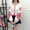 Summer Shirt Women Ethnic Style Embroidered Pattern Pullover Tops Round Neck Lantern Sleeve Loose Fit Blouse
