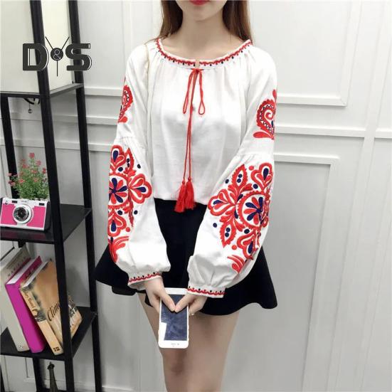 Summer Shirt Women Ethnic Style Embroidered Pattern Pullover Tops Round Neck Lantern Sleeve Loose Fit Blouse