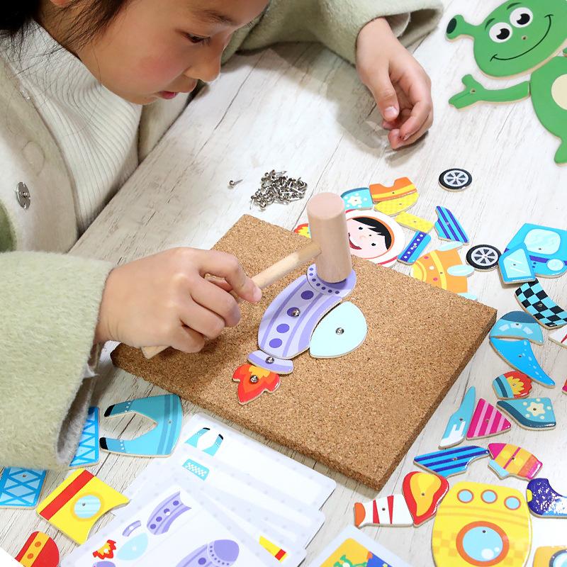 Wooden Knocking Puzzle Children Toys Cork Wooden Hammer Knocking Thumbtack Universe Traffic Animal Puzzle Educational Toys Set