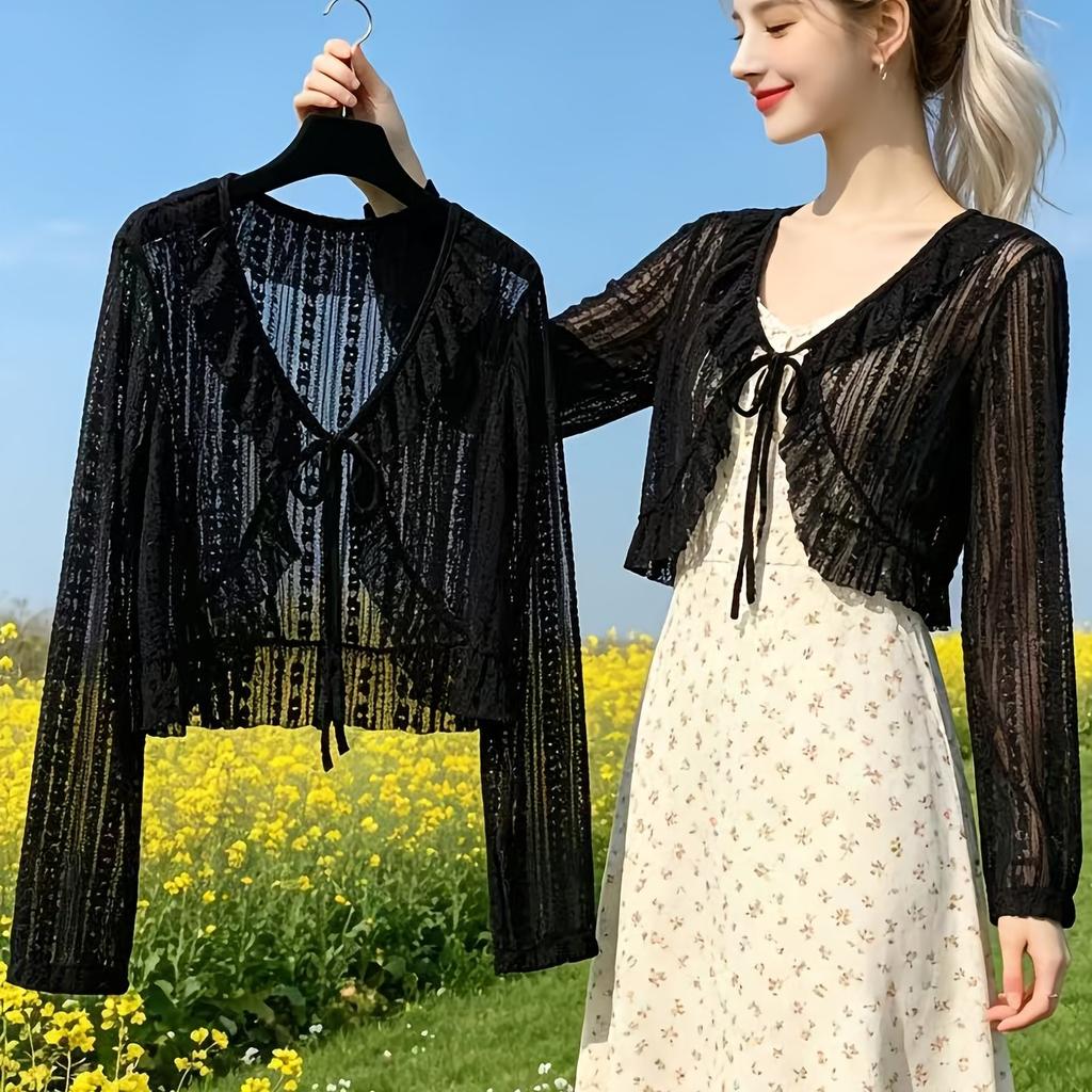 Women's Cardigan Jacket, Summer Lightweight Breathable Lace Tie Shawl, Fashionable Versatile Short Cardigan Jacket, Outerwear for Slip Dresses