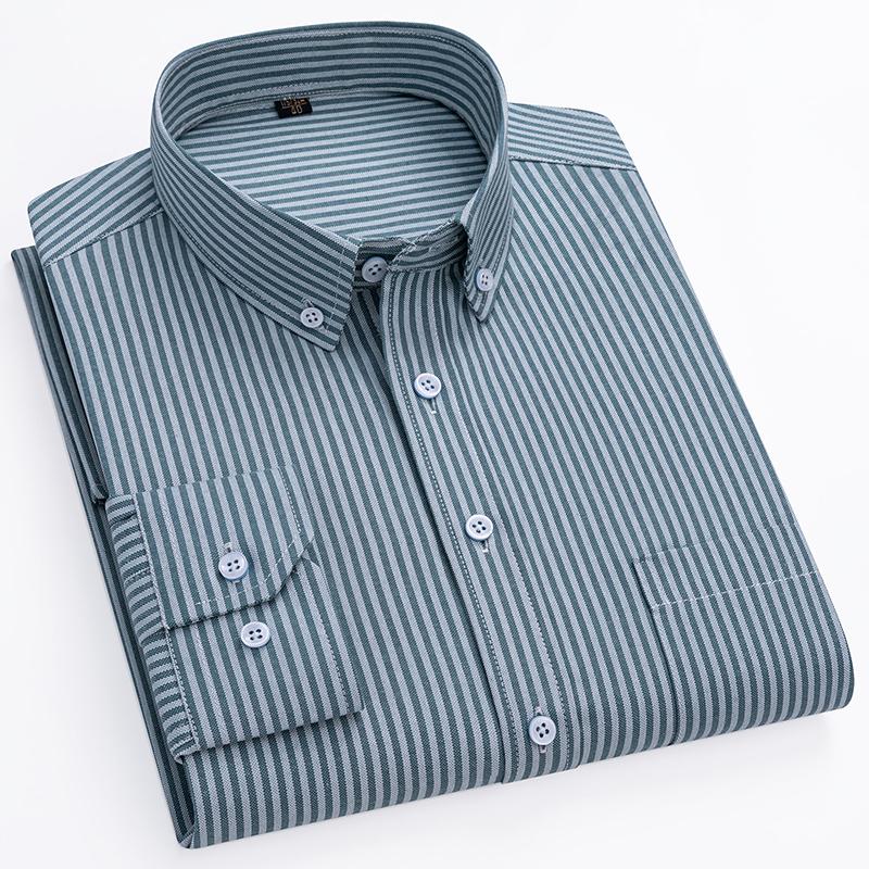 New Cotton Oxford Shirts Men's Long Sleeves Stripe Thin Soft Regular Fit Formal Dress Shirt Pocket Social Blouse Male Clothing