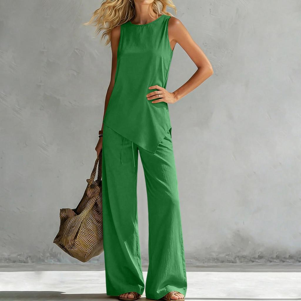 Women's Fashionable Loose Round-neck Vest With Asymmetric Hem Sleeveless Pullover Top High-waisted Wide-leg Pants Set