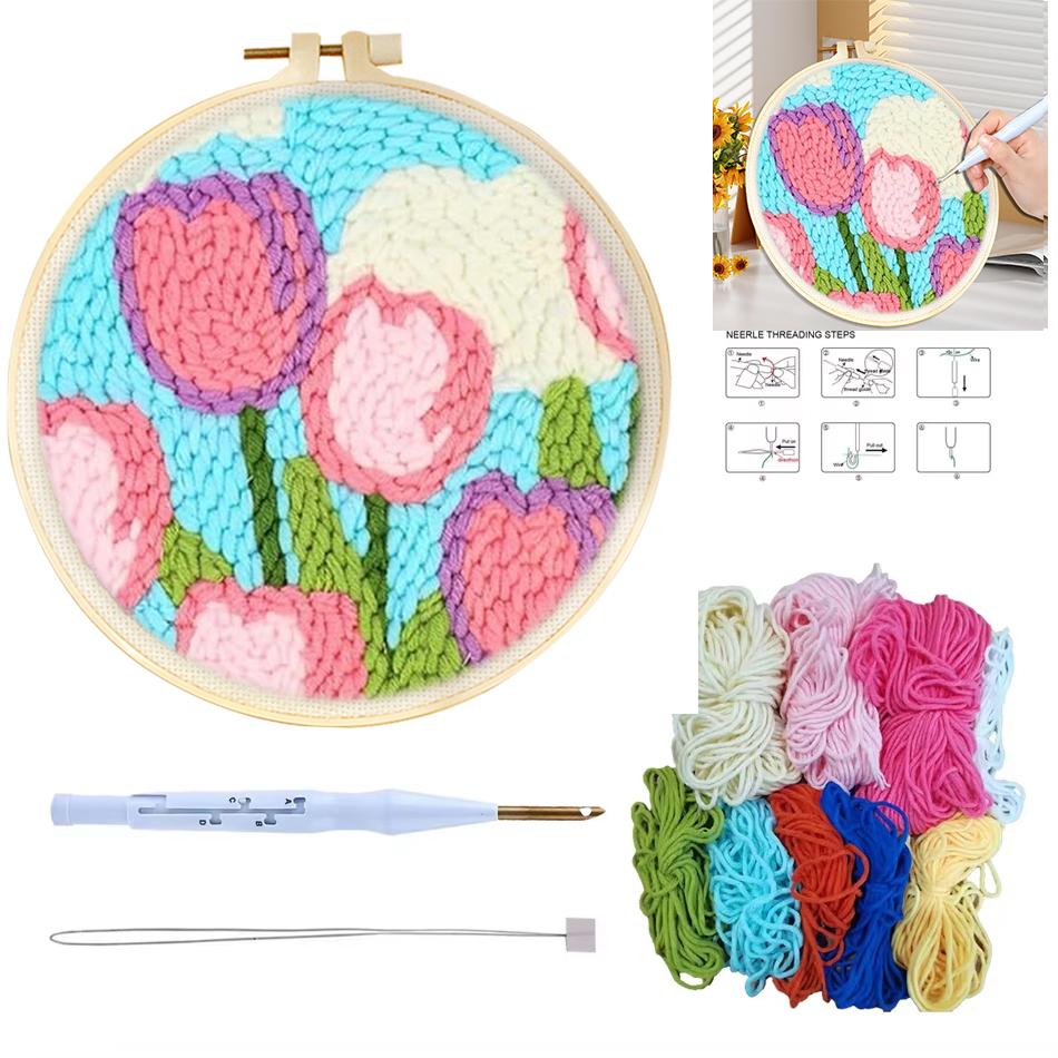 CHENISTORY DIY Punch Needle Embroidery Kit Floral Pattern with Embroidery Hoop for Beginners Adults Decor Craft Gift