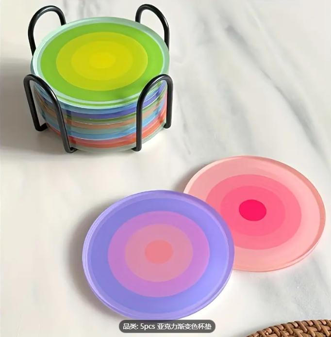 5pcs Acrylic Gradient Color Coasters Round Heat-resistant Coasters Table Decor Beverage Coasters, Coffee Coasters Home Decor