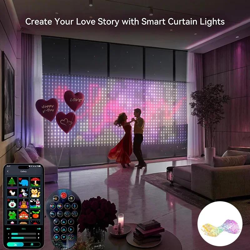 Smart RGB Curtain Lights LED Fairy Lights DIY Colors Pattern Text Music Sync Timer App Control for Bedroom Outdoor Party Decor