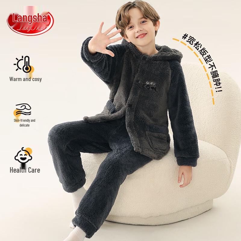 Langsha Jungen Dickes Flanell Kapuzen-Pyjama-Set