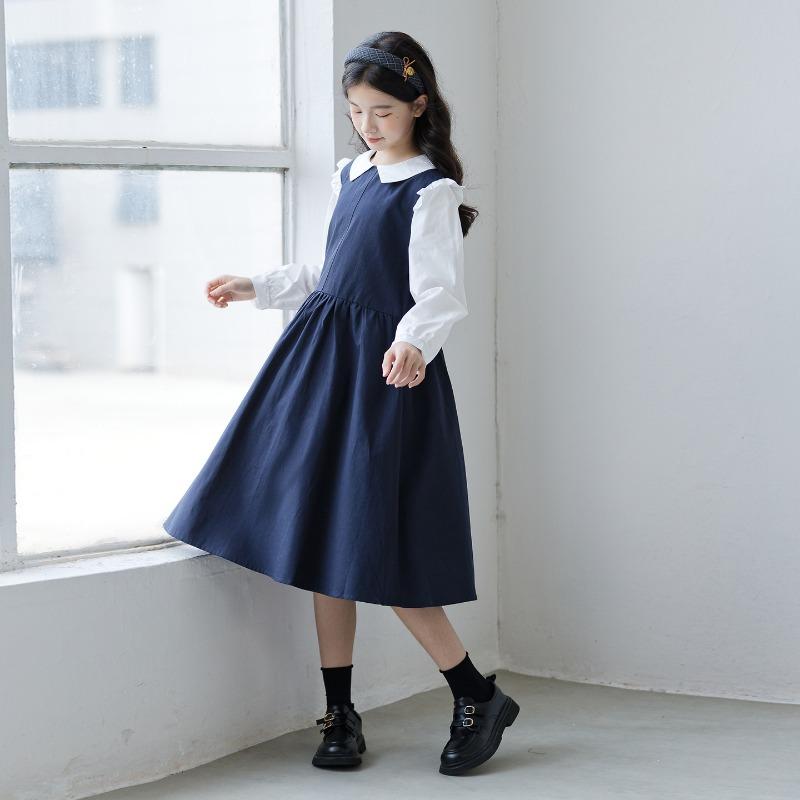 Girls Preppy Style Doll Collar Long Sleeve Spring Autumn Casual Kids Dress
