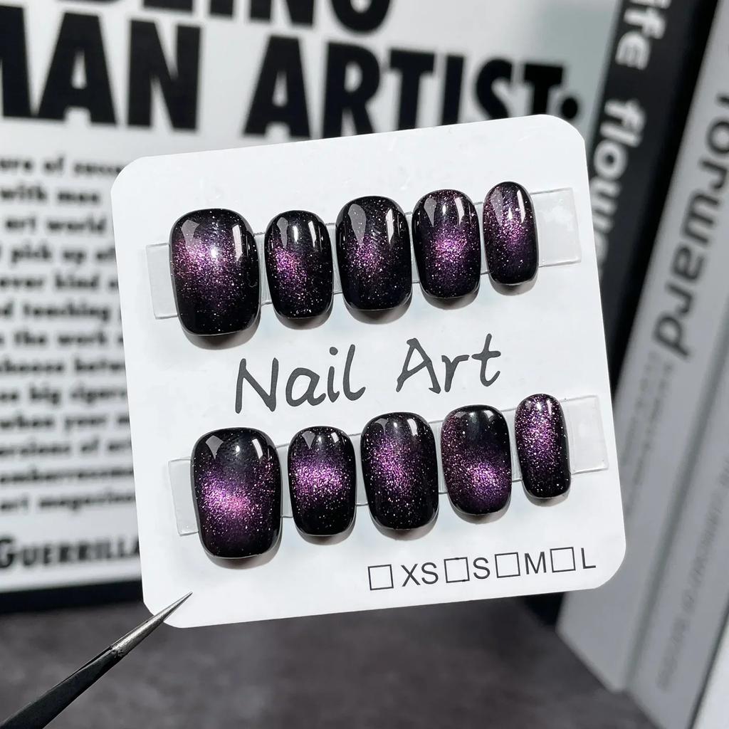 10Pcs Black Handmade Cat Eye Short Round Press On Nails Full Cover Artificial Fake Nail Tips For Wearable Manicure