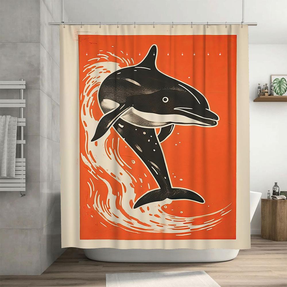 Stylish Dolphin-Themed Shower Curtain For Bathroom Decor High-Quality Fabric With Easy-To-Use Hooks.