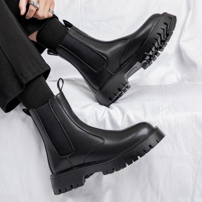 Men's Waterproof Black Leather Chelsea Boots – Winter, Non-Slip, High-Top, British Style.