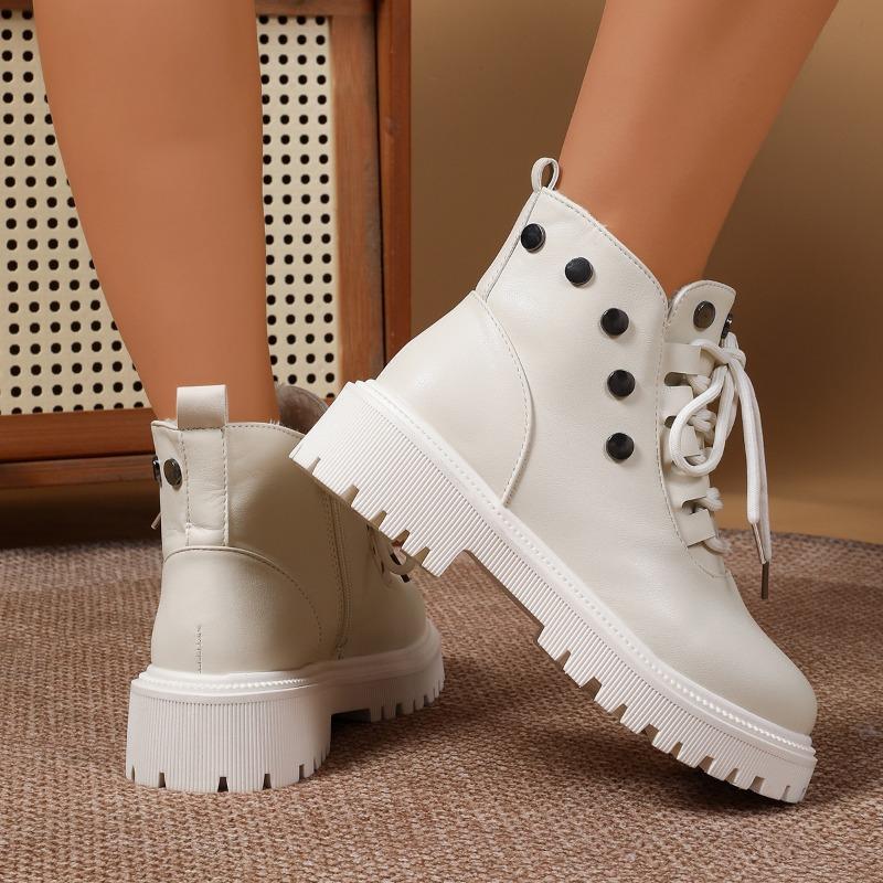 Fashion Studded Side Zip Cotton Boots Fall New Round Toe Lace-Up Front Platform Non-Slip Shorthole Boots