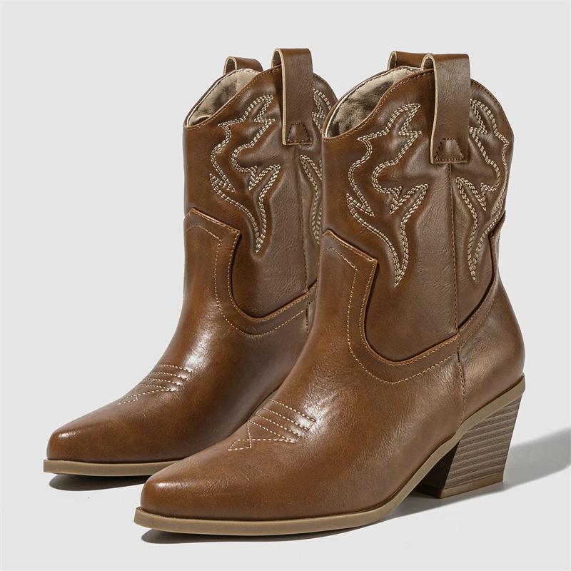 Eilyken Nuevo Diseño Bordado Punta Fina Botines de Tobillo para Mujer Estilo Punk Tacón Bajo Cuadrado Botines Cortos Estilo Occidental Zapatos