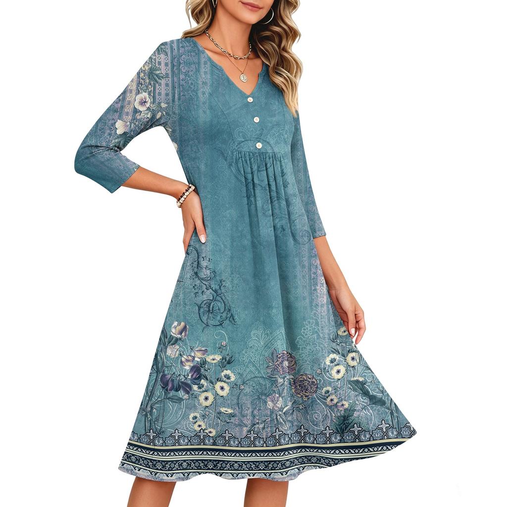 Women's Casual Floral Print V-Neck 3/4 Sleeve Dress