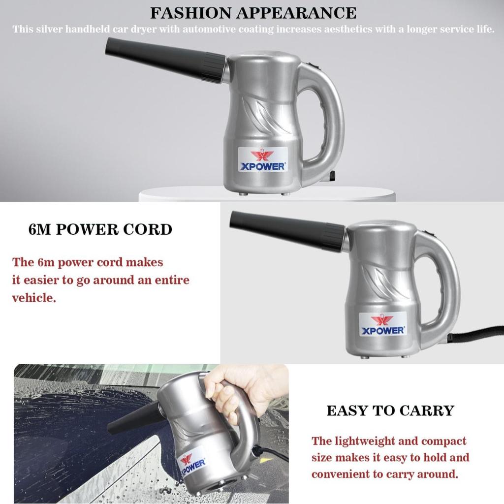 Auto Car dryer XPOWER Electric Dryer Air Duster Air Pump Air Spray Auto Car dryer Blower 6m Power Cable Silver Gray A-2C