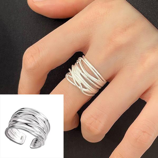 PANJBJ 925 Silver Line Crossing Ring for Women Punk Hip Hop Exaggerate Trend Adjustable Jewelry Party Gift