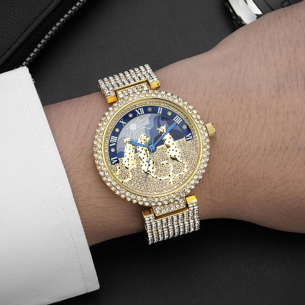 Golden Iced Brilliant Watches Men Luxury Steel Quartz Watch Fashion Leopard Hip Hop Diamond Wrist Watch Man Reloj Hombre