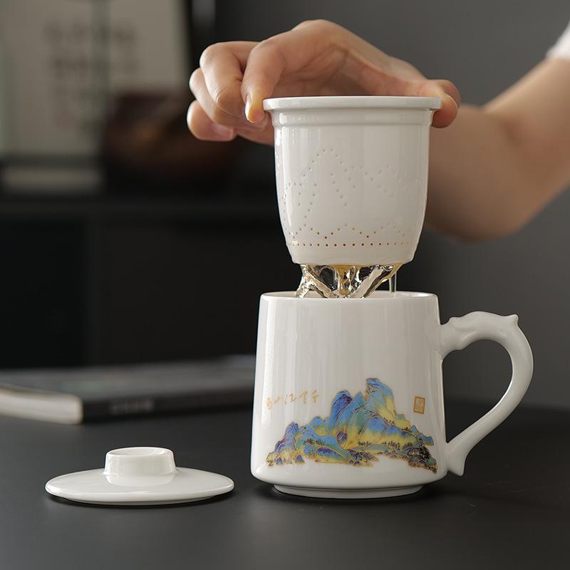 Jade White Porcelain Tea Cup with Water Separator - Large Capacity, Personal Use, High-End Office Mug for Tea Brewing