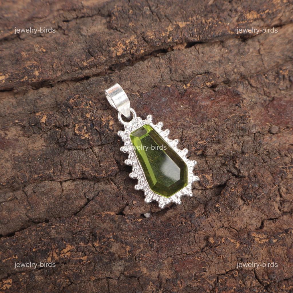 Coffin Peridot Stone Sterling Silver Sisters Gift Wedding Art Deco Boho Pendant PP-54-3