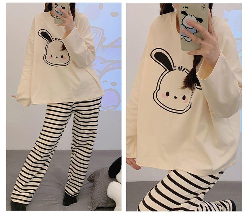 Women's Korean Style Cartoon Long Sleeve Casual Home Set with Chest Pads