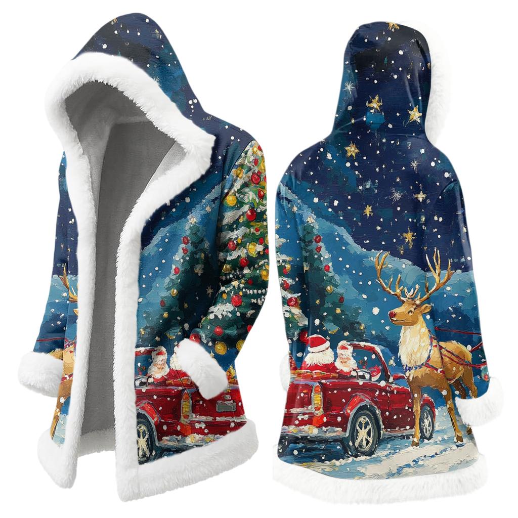 Men's Christmas Long Hooded Cardigan With Pockets Warm Jacket