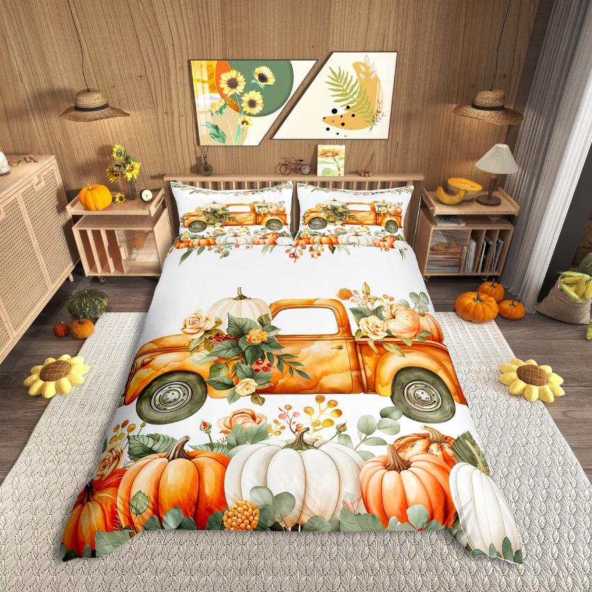 Homewish Rustic Flower Maples Duvet Cover SetAutumn Harvest Pumpkin Comforter Cover SetBrown Pine Cone Bed Set For Girls