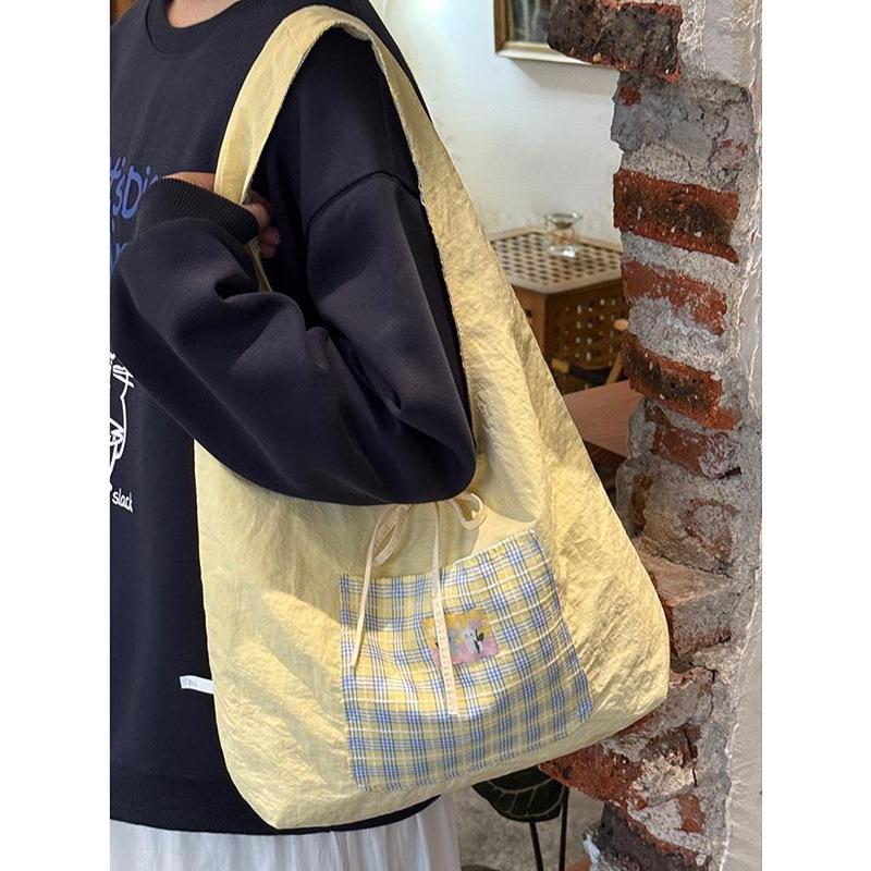 Korean small fresh double-sided plaid canvas bag casual large-capacity shoulder underarm bag college style tote bag