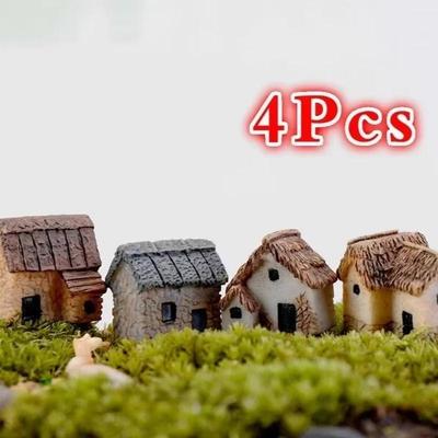 4 Pezzi Casa Miniatura Statuina Giardino delle Fate Accessorio Decorazione Casa Animale Cartone Animato Statua Edificio Artigianato in Resina Bambola Auto