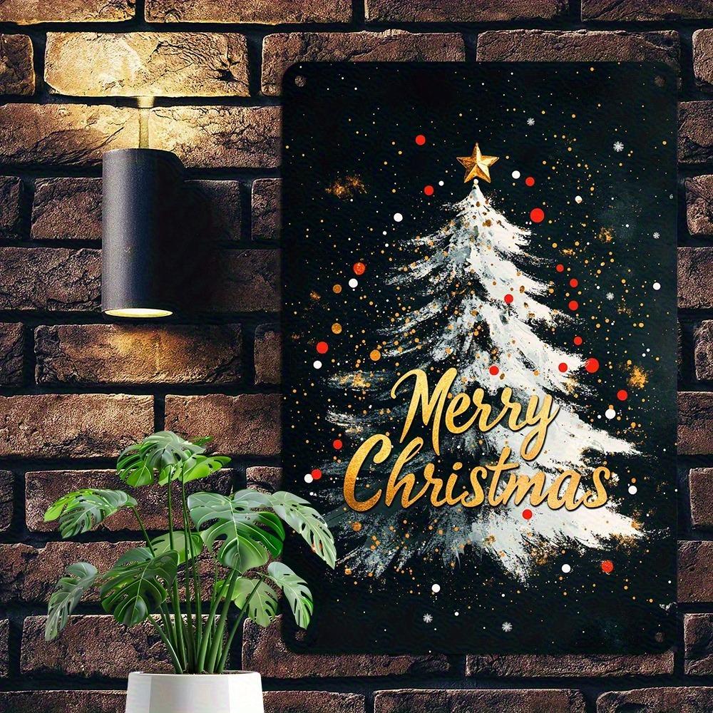 Vintage Merry Christmas Aluminum Sign 12x8 Inch - Gold Letter Red Decor Snowflake Wall Art for Room Bar Cafe Garage Reusable Hol