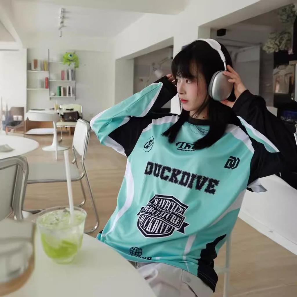 Dámský retro americký síťovaný dres s pouličním potiskem: Volný taneční top s dlouhým rukávem