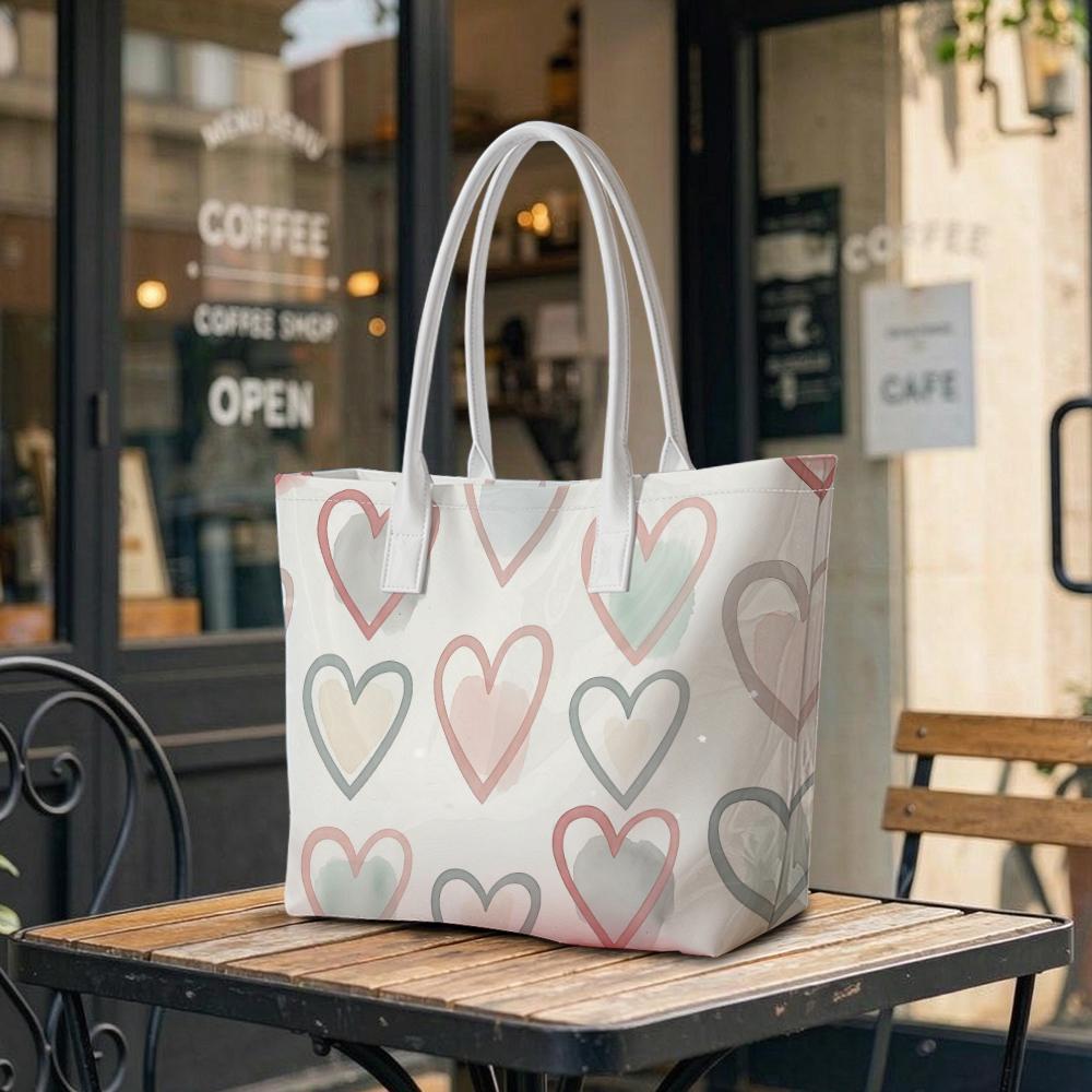 Fashion Heart Print Tote Bag Casual Large Capacity Shoulder Handbag for Daily Use