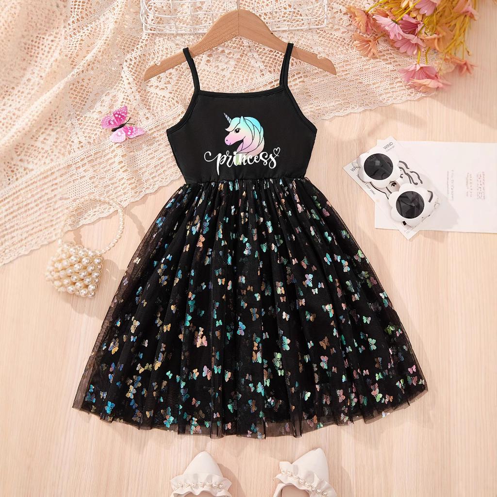Girls Butterfly Flower Print Mesh Dress Summer Children Fashion Halter Dress