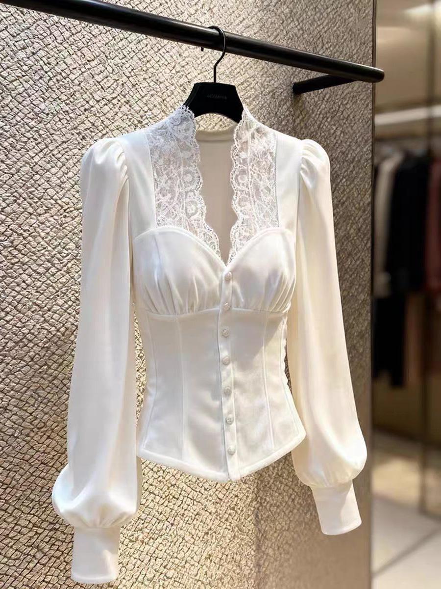 Элегантный белый бархатный топ с кружевной отделкой для утонченных женщин - Зимняя мода S