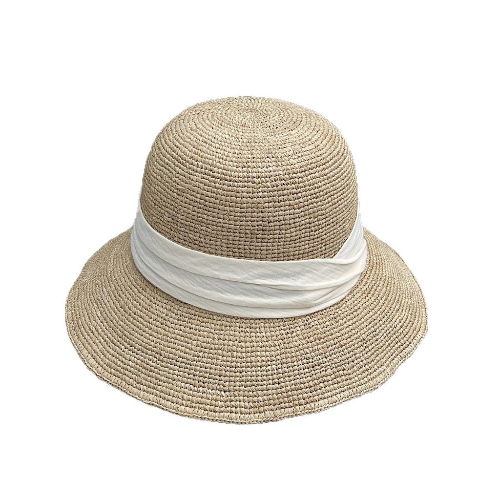 French retro elegant sweet multi-fold bucket hat women's summer light luxury Lafite straw hat wide brim sun hat