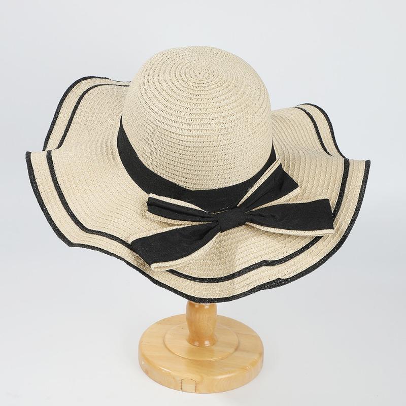 Summer bow straw hat beach hat big eaves streamer vacation play outdoor breathable sunshade wavy edge sun protection hat