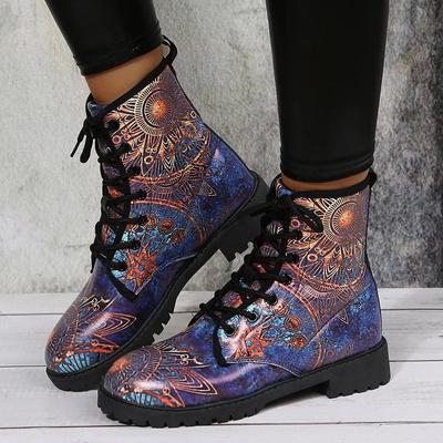 Botki Damskie Jesienno-Zimowe Brytyjska Moda Damskie Botki Robocze Nadruk Czaszki i Kwiatów Botki Wysokie Damskie