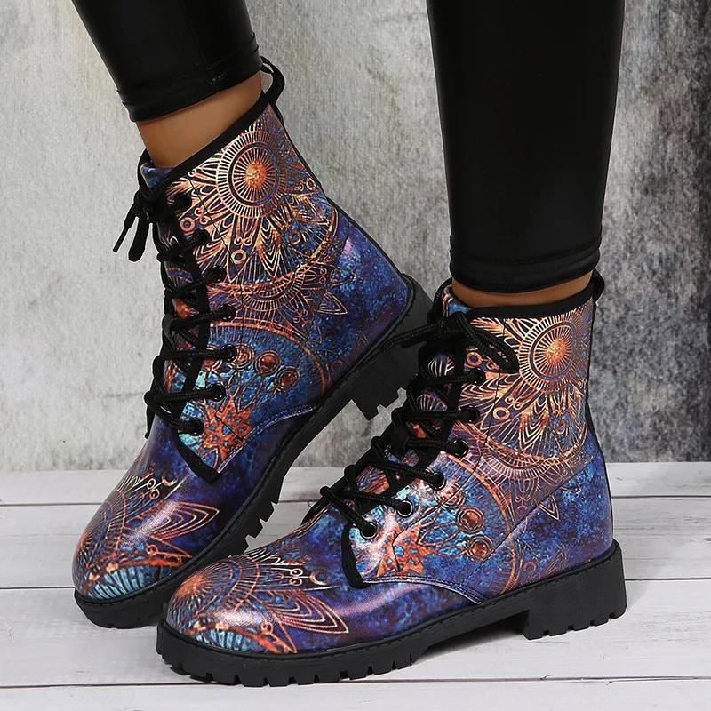 Boots Women's Autumn and Winter  British Fashion Women's Tooling Boots Skull and Flower Print High-top Boots Ladies