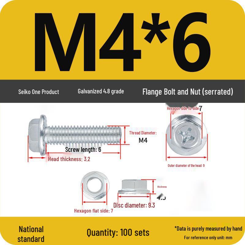 4.8 Grade Galvanized Hex Bolt Set with Anti-slip Washer & Nut, Cross Flange Head, M4/M5/M6/M8mm