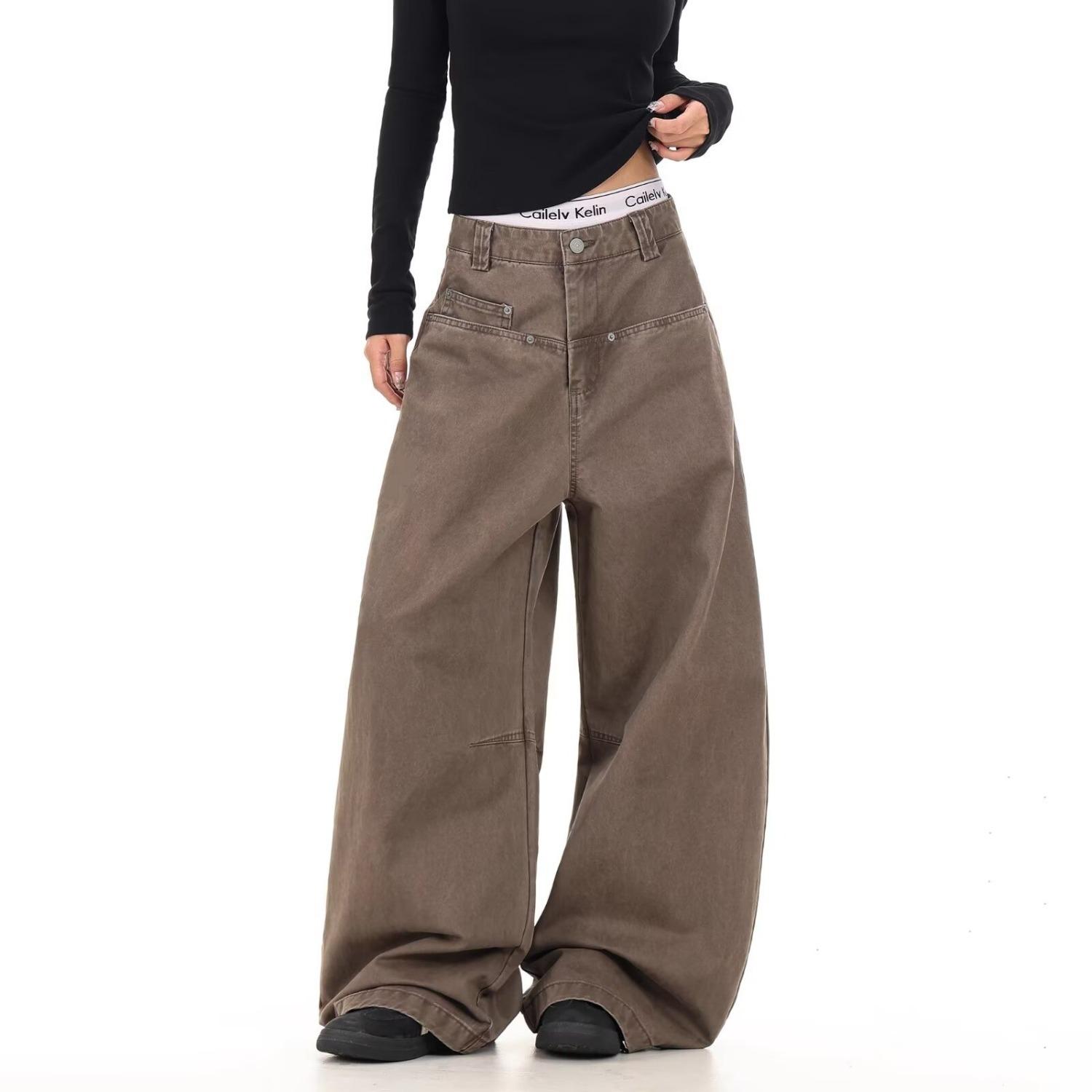 Brown Wide-Leg High-Waisted Women s Jeans - Autumn/Winter 2025 Retro Style 3XL коричневый
