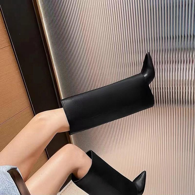 Fashion Women Chunky High Boots Pointed Toe Boots Fashion Leather Punk Chelsea Boots New Designer Pumps Knee High Woman Boot Botas Mujer