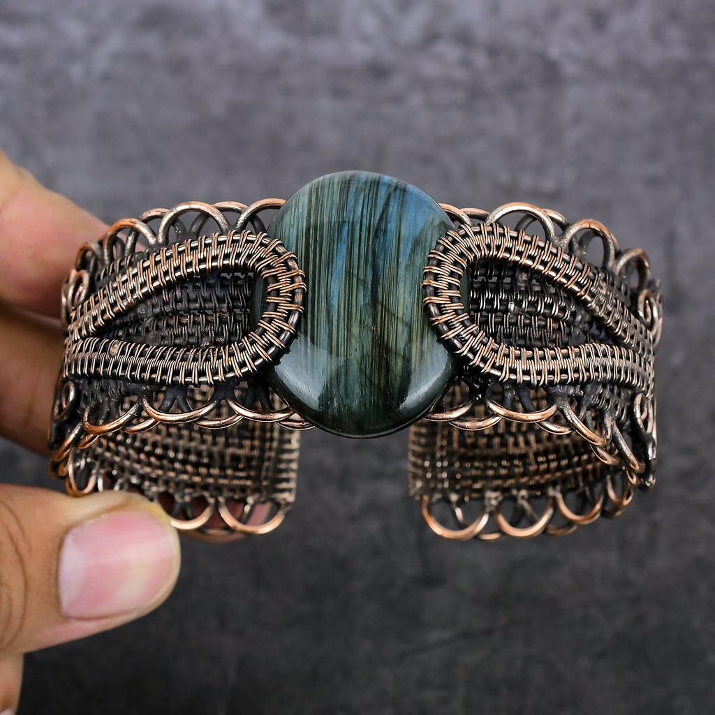 Natural Labradorite Gemstone Copper Wire Wrap Cuff Bangle Adjustable d7z45