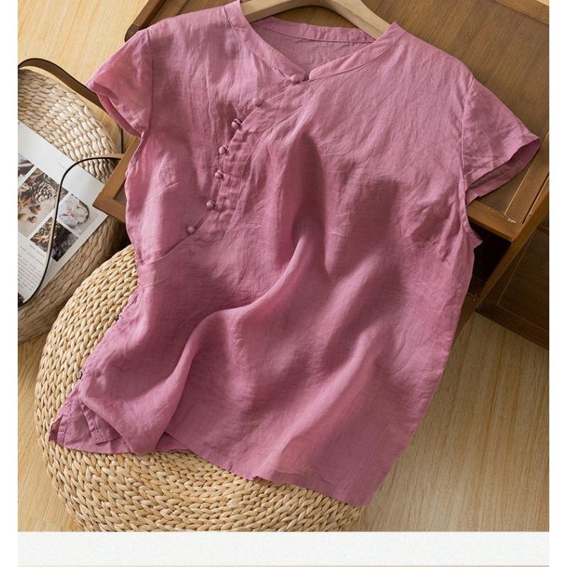 Women's Vintage Linen Cotton Short Sleeve Blouse - Diagonal Button Stand Collar Loose Fit Top for Summer