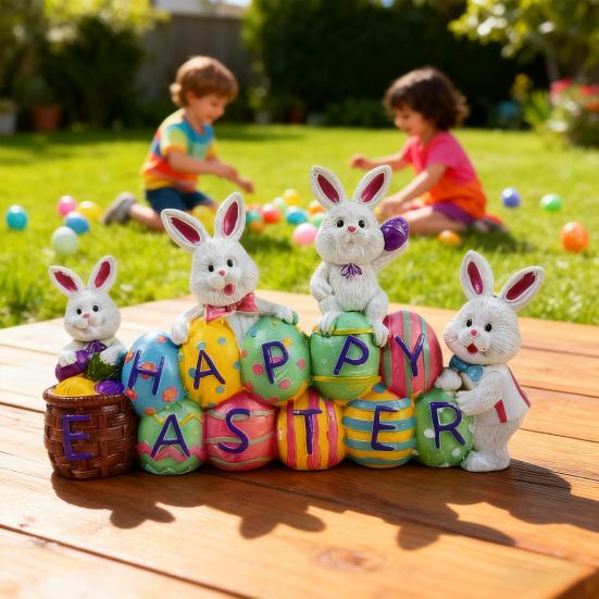 Happy Easter Bunny Figurine Hand-painted Colorful Egg Rabbit Resin Statue Sculpture Holiday Party Desktop Decoration Ornament