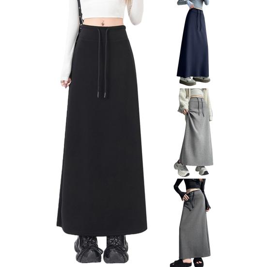 Women Sport Skirt High Waisted Adjustable Drawstring Long Skirt with Hem Slit Pure Color Slimming Design Casual Athletic Skirt
