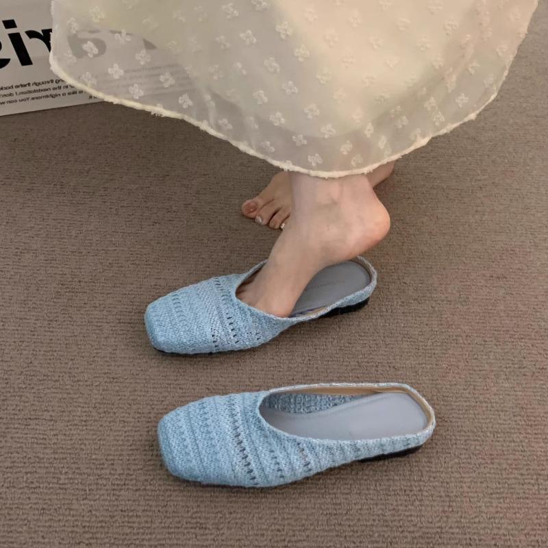Fashion 2025 Women Mules Slippers Female Summer Flats Sandals Knit Fabric Stretch Slides Holiday Beach Shoes Square Heel Square Toe Flat