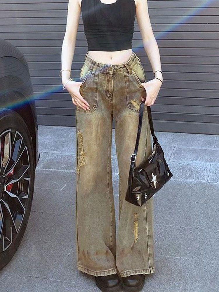 Comfortable Done Old Broken Holes Jeans Women Skinny Drag Floor Wide Leg Straight Straight Trousers Long Trousers Jeans for Women Long Denim Pants