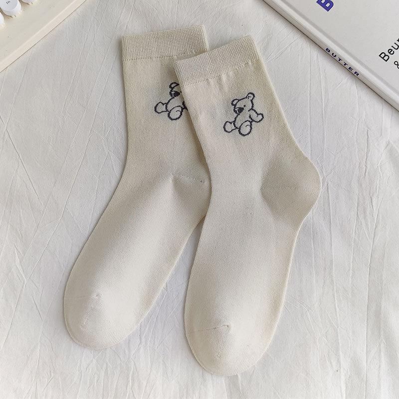 

Женские гольфы до середины икры, Весенне-осенние нескользящие хлопковые носки, Универсальные длинные носки до икры в школьном стиле с принтом в горошек и мишкой 1 pair