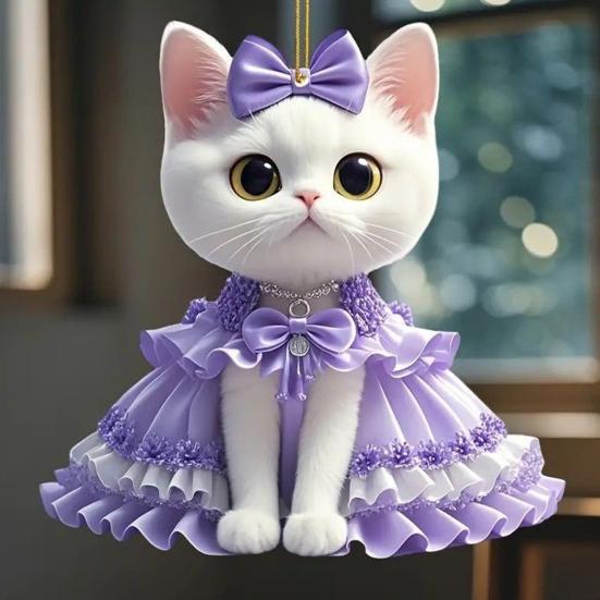 2Pcs Cute Cat Purple Pendant Car Rear View Mirror Charm Acrylic Cat Hanging Decorations for Auto Interior Window Bag
