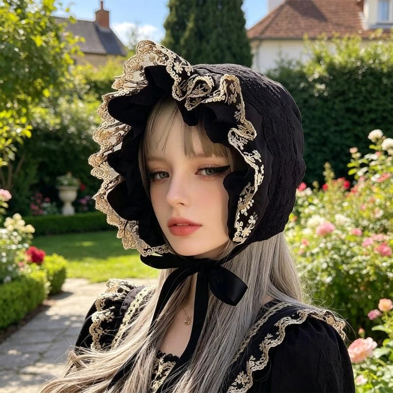 Ruffled Brim Bonnet Hat with Lace Edge and Chin Ties, 55-60 Cm Decorative Headwear for Gatherings and Portraits