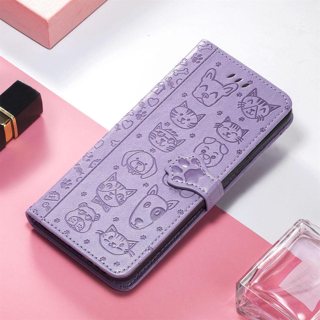 iPhone 16 Flip Leather Case - PU Embossed Cat Dog Design - Compatible with Apple 15