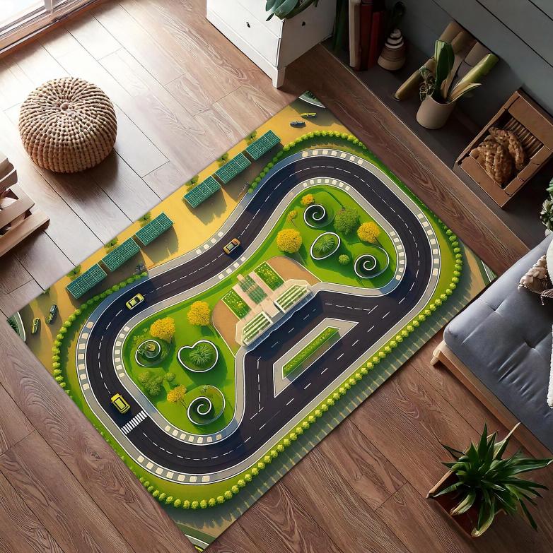 Kids' Room Rug 3D Race Track Theme Carpet Non-Slip Soft Easy Clean Durable Racing Enthusiast Parent-Child Home Decor Mat